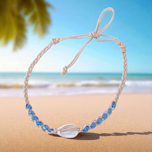 BlueRica Braided Cotton Anklet Bracelet with Cowrie Shell and Blue Glass Beads3