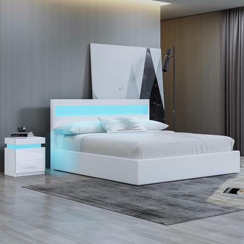 Marco de cama King con luces LED y almacenamiento otomano, elevación de gas, piel sintética para el hogar