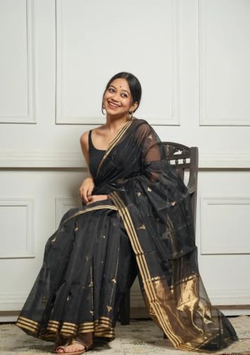 Image of Flosive inchWomen's Premium Pure Cotton Silk Saree with Golden Zari Border and Butti Work | Traditional Handloom Style Saree for Festive & Office Wear