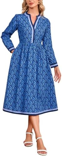 Women's Fall Floral Midi Dress Casual Long Sleeve V Neck A Line Elastic Waist Flowy Boho Dresses, Blue, XL