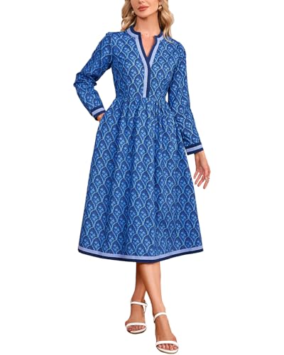 Women's Fall Floral Midi Dress Casual Long Sleeve V Neck A Line Elastic Waist Flowy Boho Dresses