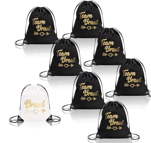 8 Stück turnbeutel team braut jga beutel set team bride beutel set mit Kordelzug Weiß Bride Rucksack 7 Schwarz rucksack jga damen 34 * 42cm für Junggesellenabschied Braut Party