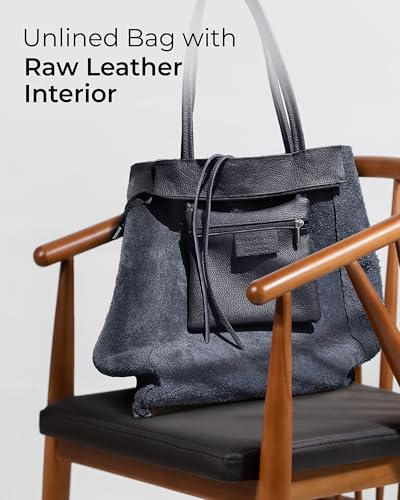 Image of Genuine Italian Leather Tote Bag for Women, Large Slouchy Purse, Dark Blue | Unstructured bag, raw unlined interior with zip pocket, top zipper, side ties, folds flat, fits a 16-inch laptop, lightweight