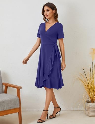 MIDNIGHTSUN Women's Wrap Dress V Neck Short Sleeve Waist Tie Ruffle Split Midi Casual Dress2