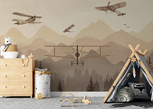 COCODECO Vintage Airplanes Foggy Forest Row a Mountains Peel and Stick Wallpaper Wall Removable 100''H x 150''W