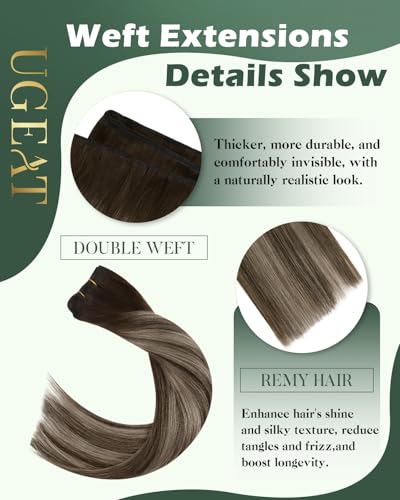Image of Ugeat 24 Inch Weft Hair Extensions Human Hair, Sew in Weft Hair Extensions Human Hair 100g, Sew in Extensions Long Straight, Dark Brown Balayage Ash Blonde
