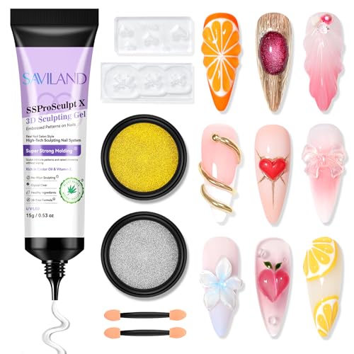 Image of SAVILAND SSPro X 3D Nail Gel Kit: 15g No Wipe Clear 3D Sculpting Gel for Nail Art Design Molding Carving Drawing Sculpture and Decoration with Chrome Powder Silicone 3D Molds Home Salon DIY Nail Art