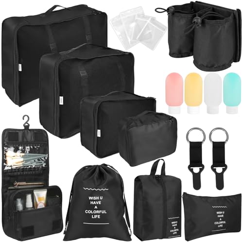 19 Set Packing Cubes for Travel,Mesh Breathable Travel Packing,Suitcase Organizer Bags in 4 Sizes,Carry-On Luggage Accessories with Large Laundry & Toiletry Bag,Luggage Organizer Bags(Black)