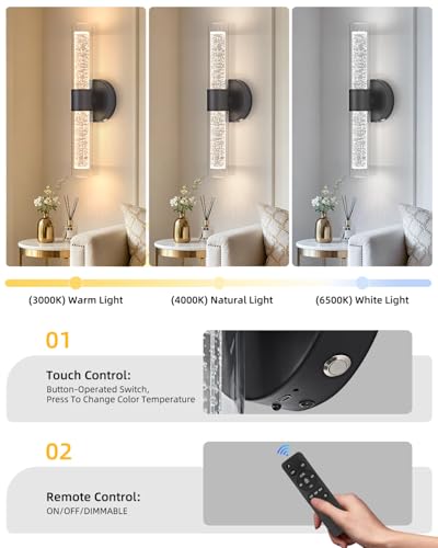 Image of OKELI Battery Operated Crysta Wall Sconces, Black Battery Wall Sconce with Remote Control, LED Rechargeable Sconces, 3000K-6000K Wireless Wall Light for Bedroom, Living Room, Hallway, 1 Pack