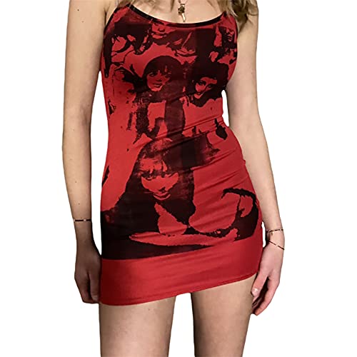 Vrouwen Sexy Jurk Hemdje Jurk Portret Print Spaghetti Strap Mouwloos Bodycon Mini Jurk Y2K E-Girls Zomer Streetwear - rood - S - Image 3