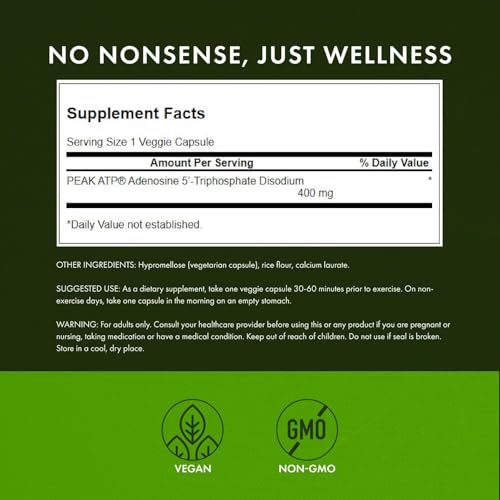 Image of Swanson Maximum Strength Peak ATP Cellular Energy Supplement for Athletes and Active Adults Seeking Performance and Recovery Support - 400 mg (30 Veggie Capsules, 2 Pack)