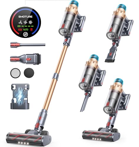 Image of SMOTURE Cordless Vacuum Cleaner 50KPa 600W 65 Mins, 3-in-1 Stick Vacuum with Touch Screen, Anti-Tangle, Self-Standing, Wall Mount, Lightweight for Hardwood Carpet Pet Hair, VAC01