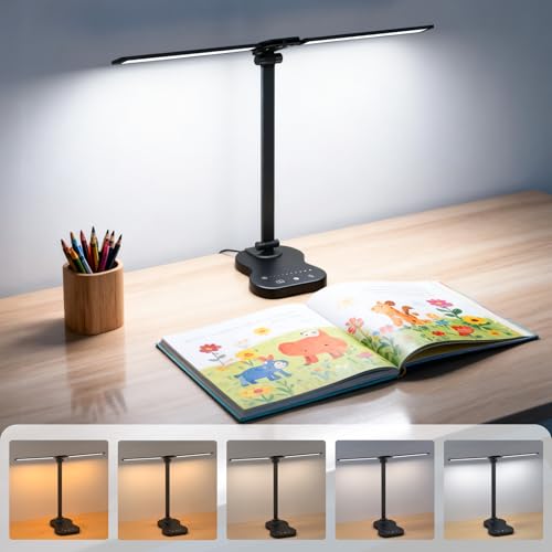 Morotty Lámpara de Escritorio,Lámpara de Mesa Led con Cabezales Dobles,5 Modos de Color,10 Brillos,Control Táctil,Luz de Escritorio Regulable para el Hogar Oficina Dormitorio Lectura - Negro