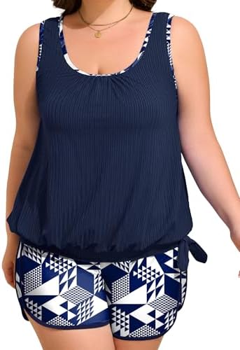 Arolina Womens Blouson Tankini Set Two Piece Modest Bathing Suit with Pockets Bow Tie Knot Swimming Suit Swimwear Navy Blue L