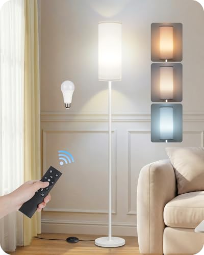 Image of White Dimmable Floor Lamps for Living Room with Remote and Foot Switch, 64.4 inch Modern Standing Tall Lamp, Corner Lamp for Bedroom, Office, Bulb Included, 3000K-6500K, FCC Listed WCW06LD05W1