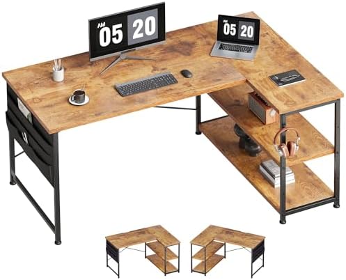 （09:00時点） YeTom パソコンデスク 机 学習机 右棚左棚 幅107cm ゲーミングデスク l字デスク pcデスク 収納袋付き勉強机 コーナーデスク 本棚付き ビンテージ