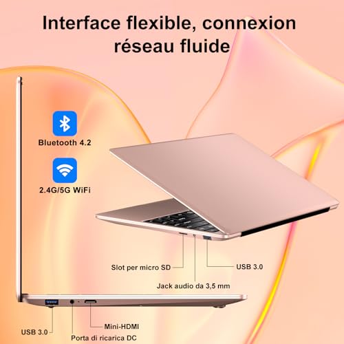 Ordinateur Portable 256Go SSD Soutien Extension 1TB Pc Portable 14 Pouces Celeron N4020 Pas Cher FHD 1080 Laptop avec 5G WiFi BT4.2 inclut Souris sans Fil&AZERTY Clavier Couverture-Or – Image 6