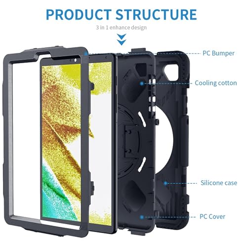 Image of TGK Heavy Duty Hybrid Case for Samsung Galaxy Tab A7 Lite 8.7 inch Shockproof Sturdy Cover with Rotating Stand, Handle and Pen Holder Black