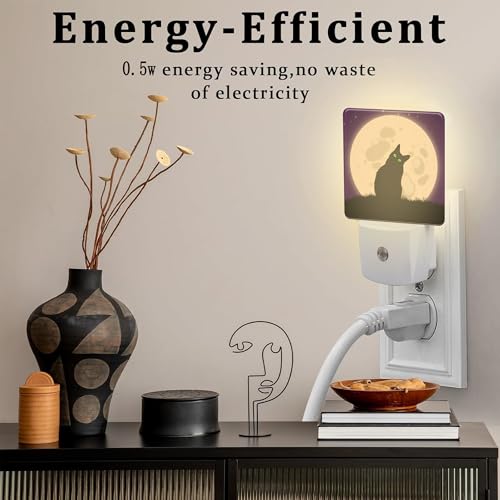 Image of Halloween Spooky Black Cat Night Light Plug into Wall, Cat sit on Moon Dusk to Dawn Night Light,0.5w Energy Saving Sleep Friendly Nightlights for Kids Boys Girls Home Decor