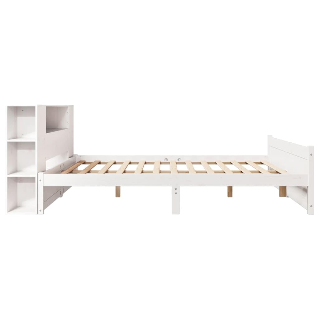 Cama de Madera Maciza Blanca con estantería y Soporte de láminas para colchón de 135x190 cm Ideal para dormitorios Juveniles y Adultos con Amplio almacenaje y diseño Funcional