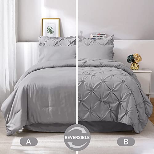 JOLLYVOGUE Gray Bed in a Bag Comforter Set for Bedroom, Pintuck Twin Size Comforter Sets 5 Pieces, Beddding Sets with Comforter, Sheets,Ruffled Shams & Pillowcases