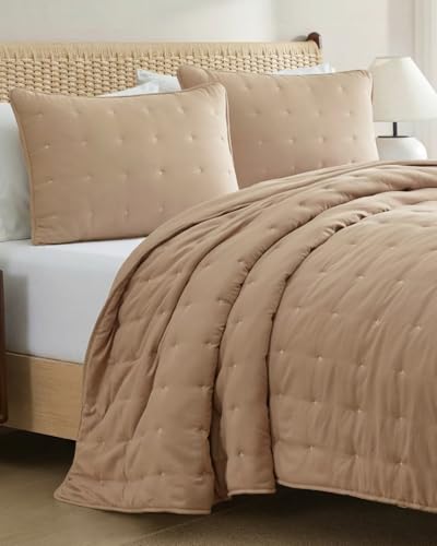 Image of Quilts Full Size - Bedspread for Full Size - Lightweight Comforter Set - Quilt Bedding Set for All-Seasons - Soft, Breathable and Comfy - Summer Coverlet with 2 Pillow Shams - 80 inch x 80 inch, Light Brown
