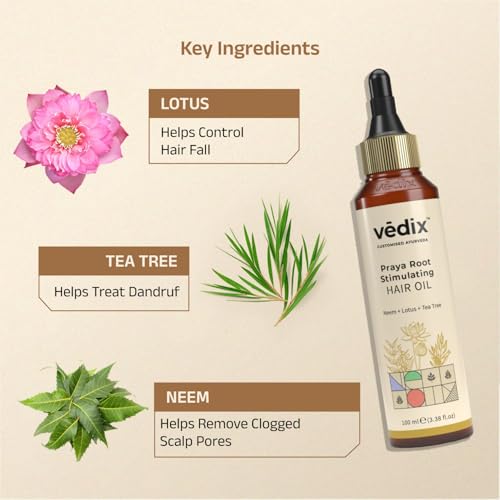 Image of Vedix Praya Root Stimulating Ayurvedic Hair Oil | Hair Growth Oil With Neem + Lotus + Tea Tree - Customized Anti Hair Fall Control Oil - 100ml