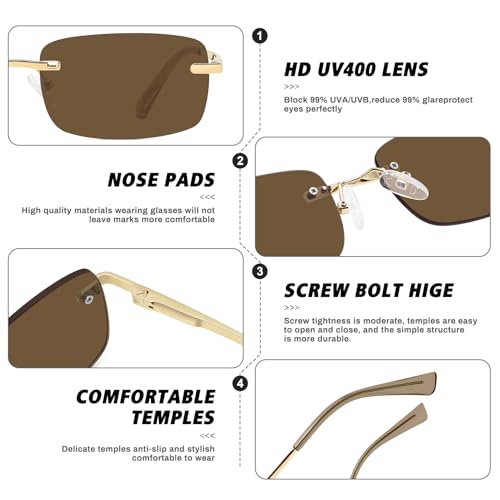 Image of Retro Frameless Rectangle Sunglasses Womens Trendy Narrow Small Frame Spring Hinge UV Protection FZN905