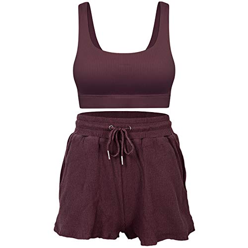 Women Gym Yoga Wear Sports Soutien-Gorge Short À Manches Courtes 2pcs Wine Red-S