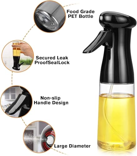 Image of Oil Spray Bottle for Cooking, 200 ML Premium Glass Dispenser | Food Grade Refillable Sprayer, Leak Proof Oil Spritzer for Air Fryer, Salad, Baking & Frying