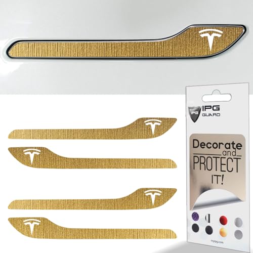 Image of IPG Compatible for Model 3 / Model Y Door Handle Decal Sticker Wrap Kit (Set of 4) with Tesla Logo Personalize Your Tesla (Brushed Gold)