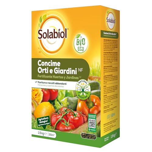 Solabiol Concime Biologico per Orto Domestico con Tecnologia Natural Booster per favorire lo sviluppo dell’apparato radicale e avere fino al 50% di raccolto in più e 100% di fioriture in più. 1,5Kg