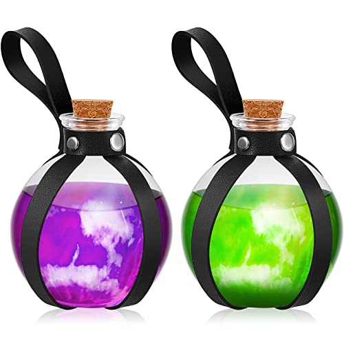 Patelai 2 Pcs Halloween Glass Potion Bottles with Belt Cork Renaissance Witch Costume Accessories Witch Props Potion Bottle for Halloween Party Decor Cosplay DIY Crafts Gift (Black)