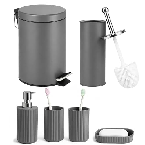 iTrend 6-Piece Matt Grey Bathroom Accessories Set – 3L Pedal Waste Bin, Toilet Brush, Soap Dispenser, Soap Dish & 2 Tumblers