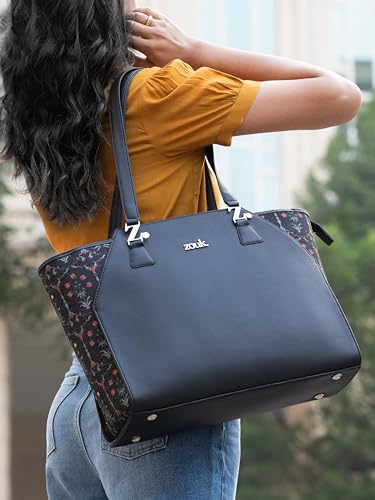 Image of ZOUK Printed Jute Handcrafted Vegan Leather Black Women's Check-point Friendly Classic Business Bag