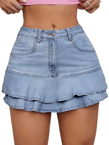 Floerns Women's Y2k Layered Ruffle Jean Skirt A Line Going Out Short Denim Skirts