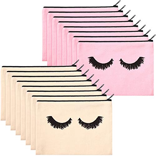 18 Pieces Eyelash Cosmetic Bags Canvas Lash Makeup Bag Travel Make up Pouches Toiletry Bag with Zipper for Women and girls (M, Beige and Pink)