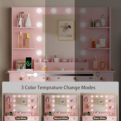 Image of HUANLEGO Vanity Desk with Mirror and Lights, Makeup Vanity with Mirror and LED Lights & Power Outlet, 3 Drawers and Cabinets, 3 Lighting Modes Dressing Table Set for Girls Women Bedroom,Pink