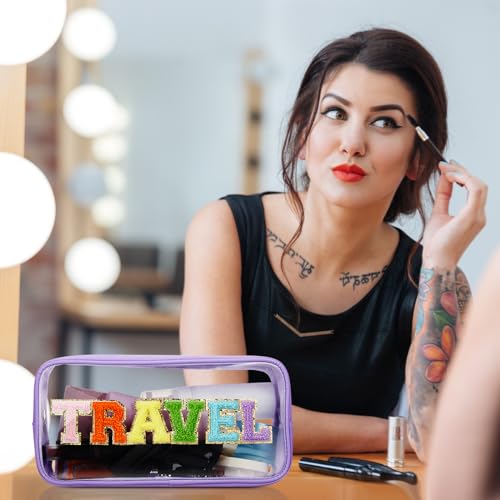 Abbylike 6 Pcs Large Chenille Letter Cosmetic Bag Preppy Patch PVC Nylon Makeup Bag Portable Glitter Clear Cosmetic Bags with Zipper Travel Toiletry Storage Stuff Pouch for Women4