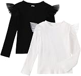 1-7Y Toddler Girl Shirts Ruffled Long Sleeve Baby Tee Tops, Ribbed Toddler Girl Blouse, Baby Girl Clothes Solid 2-Pack