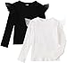 1-7Y Toddler Girl Shirts Ruffled Long Sleeve Baby Tee Tops, Ribbed Toddler Girl Blouse, Baby Girl Clothes Solid 2-Pack