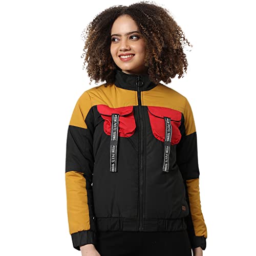 Image of Campus Sutra Women Mustard & Black Multicolour Puffer Regular Bomber Jacket For Winter Wear | Low-Cut Standing Collar | Full Sleeve | Zipper | Casual Jacket For Woman & Girl
