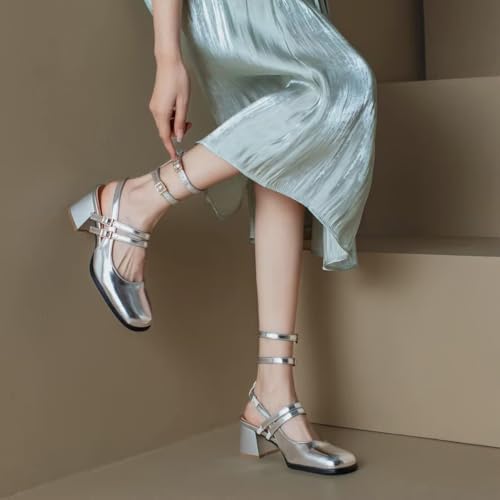 KISSASA Punk Goth Mary Jane Shoes Patent Leather Square Toe Chunky Heel Buckle Strappy Pumps Silver Size 93