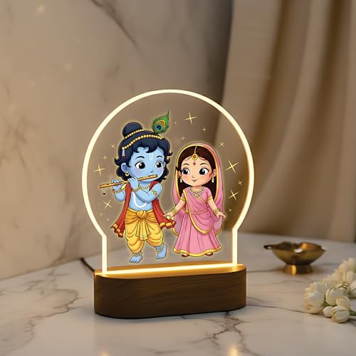 Image of Giftplease Radha Krishna LED Night Light - Cute Chibi Devotional Table Lamp with Warm Glow - Printed Spiritual Decor for Home Mandir, Kids' Bedroom & Office - Ideal Diwali or Housewarming Gift GL 20