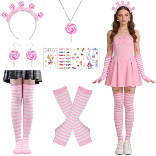 MINGJAY Lollipop Kostüm Lollipop Stirnband Candy Kostüm Kniestrümpfe Regenboge Candy Hairband Fingerlose Handschuhe Regenboge Handschuhe für Karneval Fasching Mottoparty Halloween