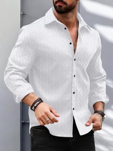 Image of DEELMO Men's Regular Fit Button Down Dress Shirts Textured Long Sleeve Casual Hawaiian Shirt