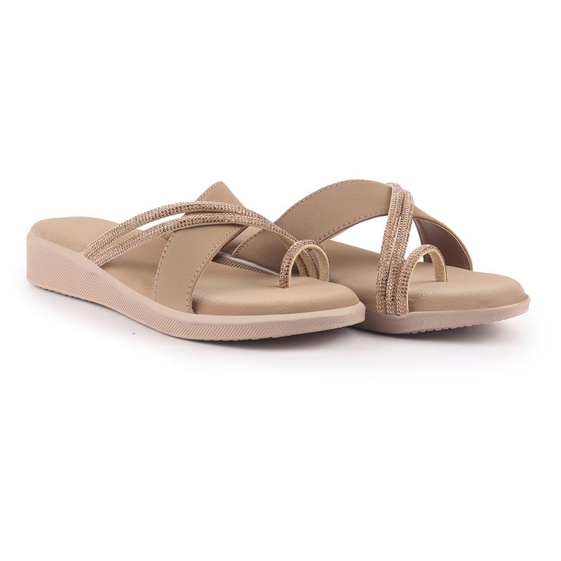 Image of FAUSTO Women Embellished Shimmery Cross Strap Toe Ring Wedding Slip On Slippers | Soft Cushioned Footbed Wedge Sandals | Party, Mehndi, Festive