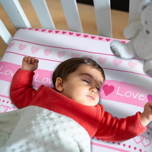 Image of FuWeave 4 Pcs Valentines Day Crib Sheets for Baby Boys Girls - 52'' x 28'' Love Heart Soft Breathable Fitted Sheet Set for Standard Crib and Toddler Mattresses