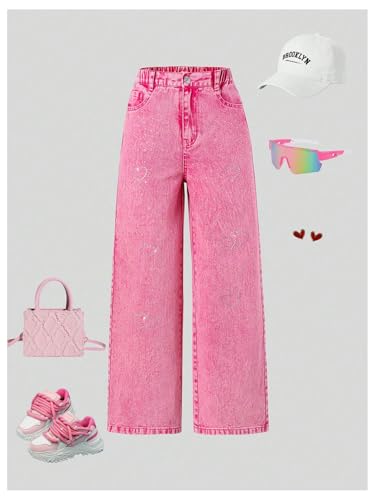 WDIRARA Girl's Rhinestone Glitter Jeans Heart Bow Graphic Wide Leg Elastic High Waist Y2k Denim Pants3