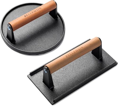 Image of Bellemain Heavy-Duty Cast Iron Grill Press Set - Perfect Smash Burger Press & Steak Tool with Ergonomic Wood Handle for Pro-Level Searing on Griddle, Skillet, or BBQ